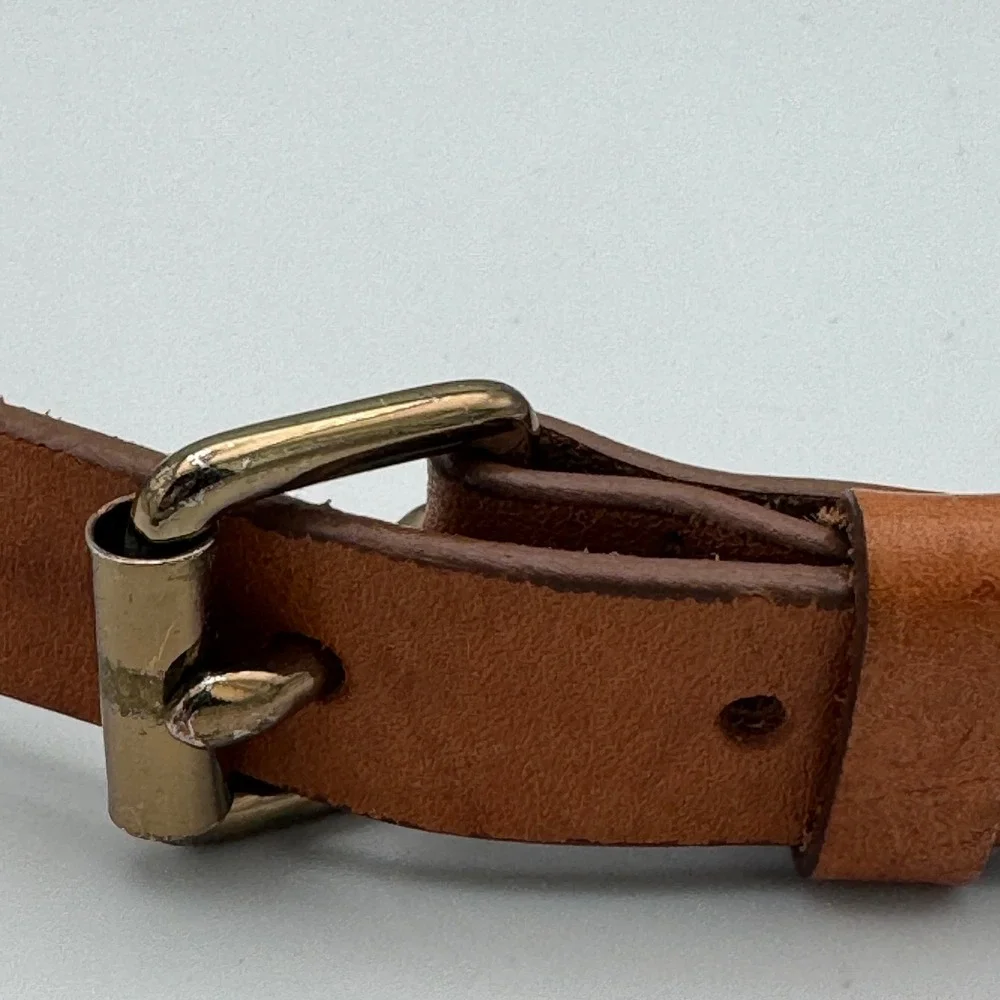 Linea Pelle Leather Belt Cognac Brown Gold Tone Hinge Accents Womens 32